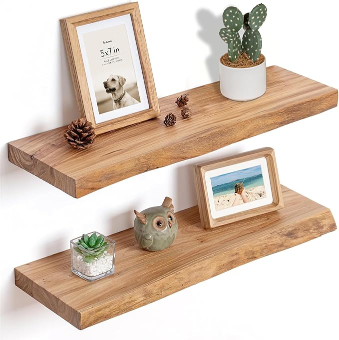 Floating Shelves for Wall, 24"x9.3" Rustic Solid Live-Edge Elm Wood Wall Shelves, Heavy-Duty Floating Shelves with Invisible Brackets, Set of 2 for Living Room, Bedroom, and Kitchen, Natural Finish-Ruum Studio Home