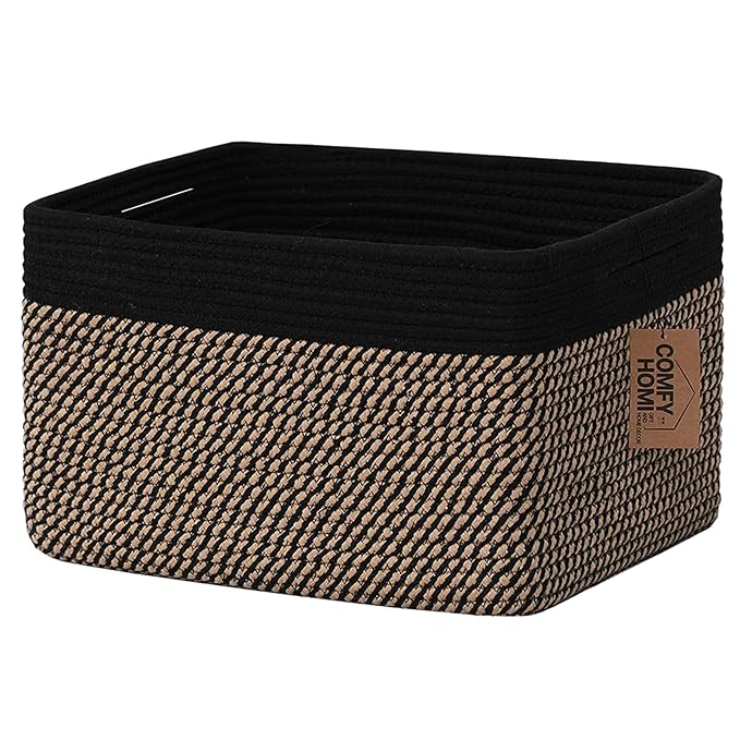 COMFY-HOMI Cotton Rope Woven Basket with Handles for Shelves,Toys,Book, Cloth Storage Baskets Bin for Organizing-13.5"x11"x9.5" Toy Decorative Organizer for Living Room, Bathroom-Black/Jute-Ruum Studio Home