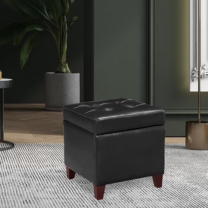 Adeco Storage Ottoman Foot Rest Stool, Leather Ottoman Footstool with Wood Legs and Hinged Lid, 18" Small Foot Stool Bench for Living Room, Bedroom, Black-Ruum Studio Home