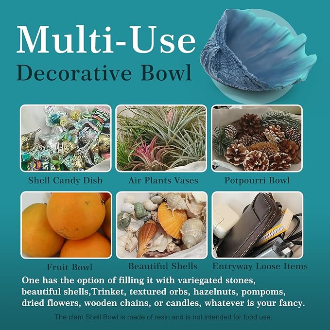 Large Caribbean Blue-Aqua Sea Shells Decorative Bowl Resin Clam Shell Bowl Beach Decorations for Home Coastal Beach Decor Decoration Storage Bowls&Home Office Nautical Themed Party Decor-10.2"-1PC-Ruum Studio Home