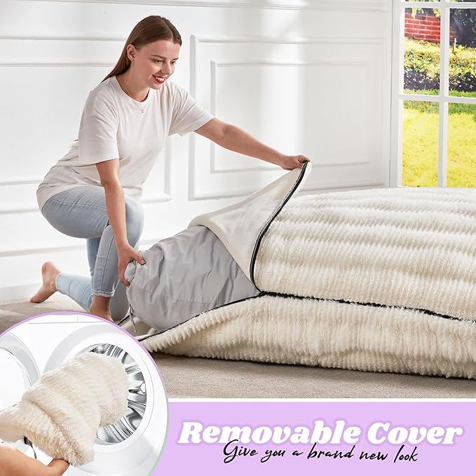 Hobestluk 3 in 1 Bean Bag Chair Giant Bean Bag Chairs for Adults with Ripple Cover Convertible Bean Bag Floor Cushion with Machine Washable Cover for Living Room (Ripple White)-Ruum Studio Home