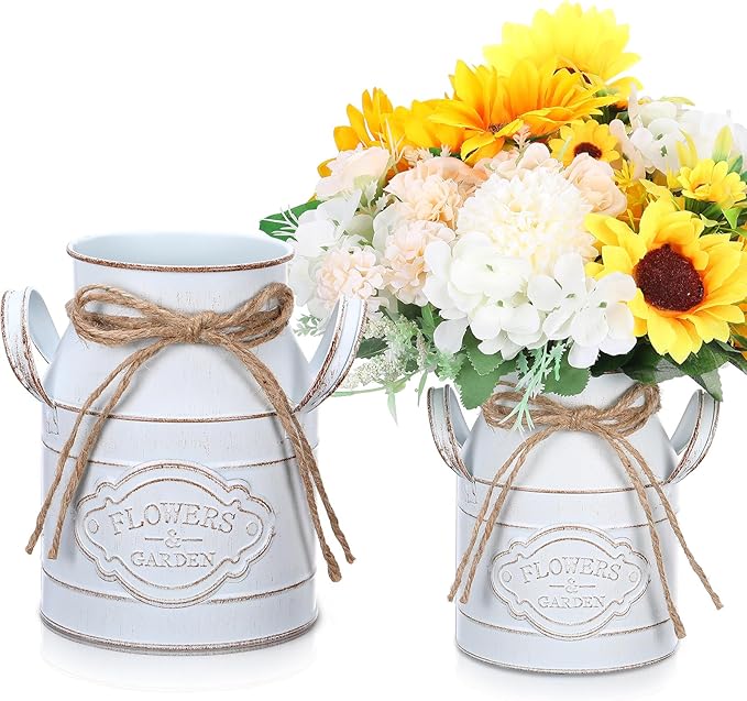 6 Inch Farmhouse Vase Decor Milk Can Vintage Flower Jug Galvanized Metal Vase with Handle Rustic Flower Buckets for Thanksgiving Christmas Table Centerpiece Weddings Gifts(Retro White,2 Pcs)-Ruum Studio Home