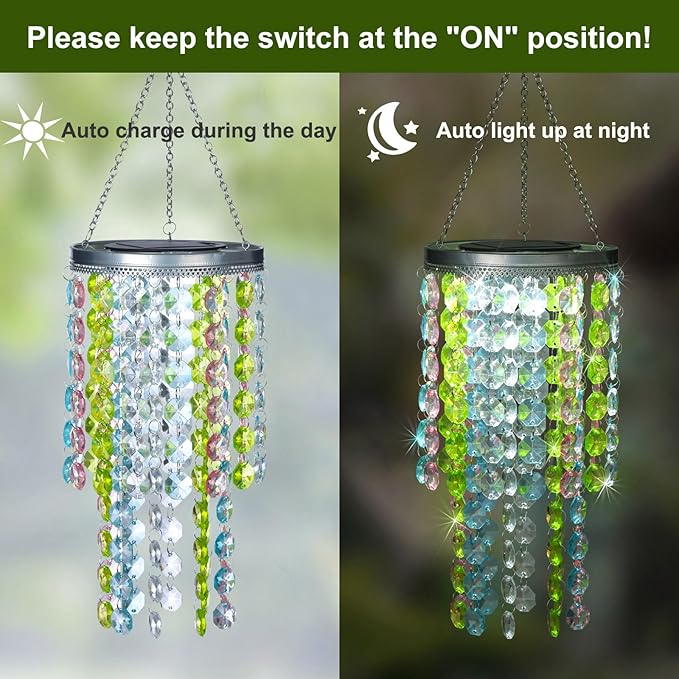 Hanging Solar Lantern Outdoor, 2 Tiers 21” Solar Multicolor Acrylic Beaded Chandelier with Cool White LED S Hooks for Garden Yard Patio Gazebo Outside Decor-Ruum Studio Home
