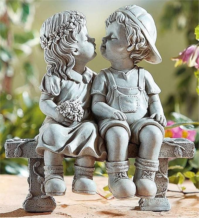 Elenon Boy and Girl Garden Statue Outdoor Decorative, Couple First Kiss Garden Sculpture for Yard Patio Art Flower Bed Decoration, 8 1/4" L x 4 3/4" W x 9" H-Ruum Studio Home