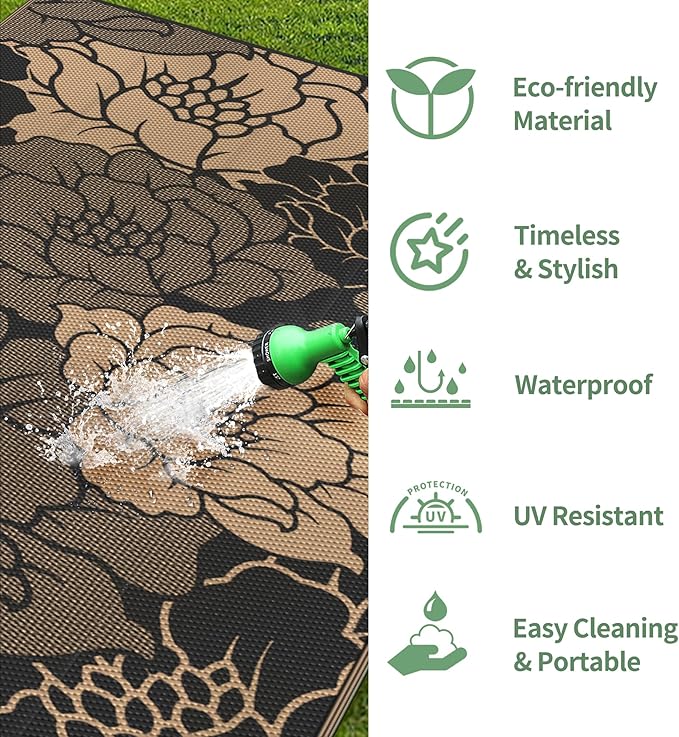 GENIMO Outdoor Rug Waterproof for Patio Decor, 8' x 10' Reversible Plastic Straw Floral Camping Carpet, Large Area Rugs Mats for RV, Camper, Deck, Balcony, Porch, Beach, Picnic, Mix-Black & Brown-Ruum Studio Home