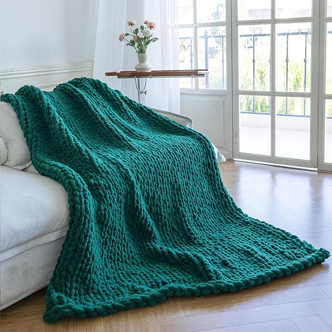 Chunky Knit Blanket - Luxury Soft Cozy 50 * 60 Throw Blanket,100% Woven Blanket Rope Knot Throw Blanket for Couch, Sofa, Home Decor, Gift - Machine Washable（Blackish Green）-Ruum Studio Home