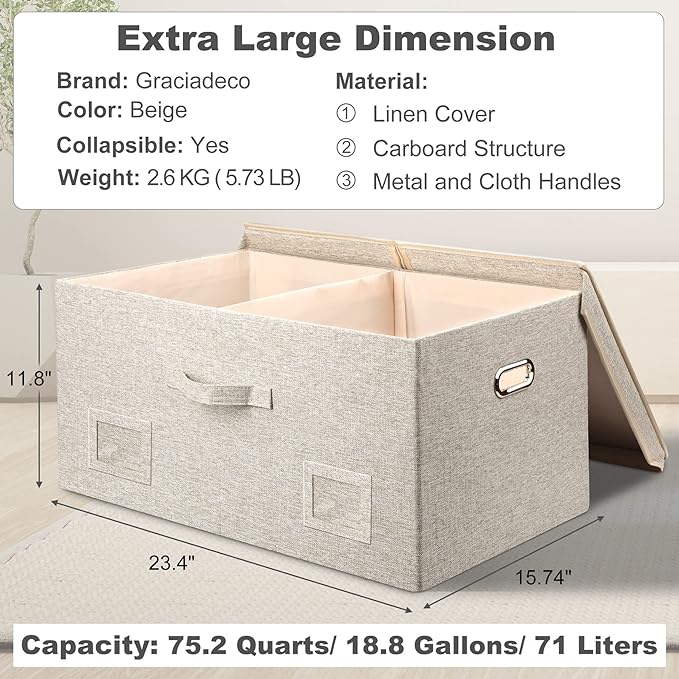 75 Quart Extra Large Decorative Collapsible Storage Bins with Lids, 1 Pack Beige Stackable Boxes-Ruum Studio Home