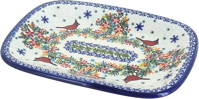 Blue Rose Polish Pottery Winter Cardinal Small Rectangular Serving Platter-Ruum Studio Home