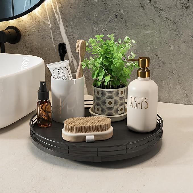 13" Lazy Susan Turntable Organizer for Table Top, Round Wooden Lazy Susan for Cabinet Kitchen Decor Centerpieces Coffee Table, Storage Condiments Spices, Bathroom Vanity Tray for Soap, Black-Ruum Studio Home