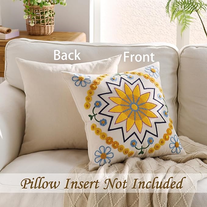 Embroidered Throw Pillow Cover 18x18 Classic Boho Floral Pattern Pillows Cover Outdoor Decorative Pillowcase,Durable Cozy Textured Cushion Case for Sofa Couch Bed Living Room,Yellow-Ruum Studio Home