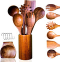 Wooden Spoons for Cooking - 8 Piece Natural Teak Kitchen Utensil Set Non Toxic - Teak Wooden Utensils with Spoon Rest and Holder-Ruum Studio Home