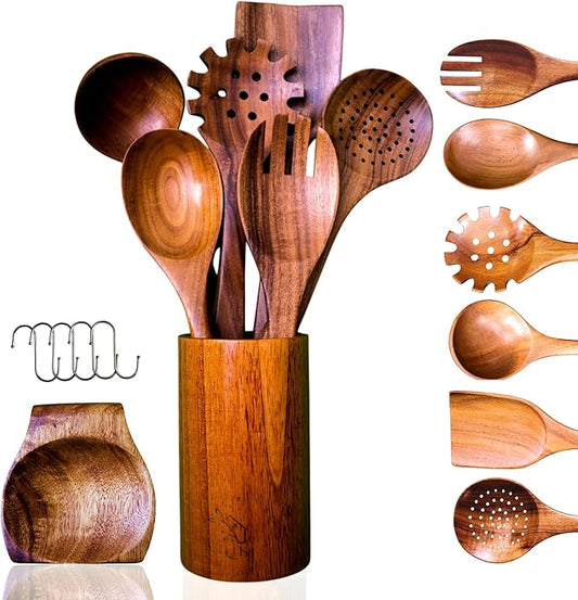Wooden Spoons for Cooking - 8 Piece Natural Teak Kitchen Utensil Set Non Toxic - Teak Wooden Utensils with Spoon Rest and Holder-Ruum Studio Home