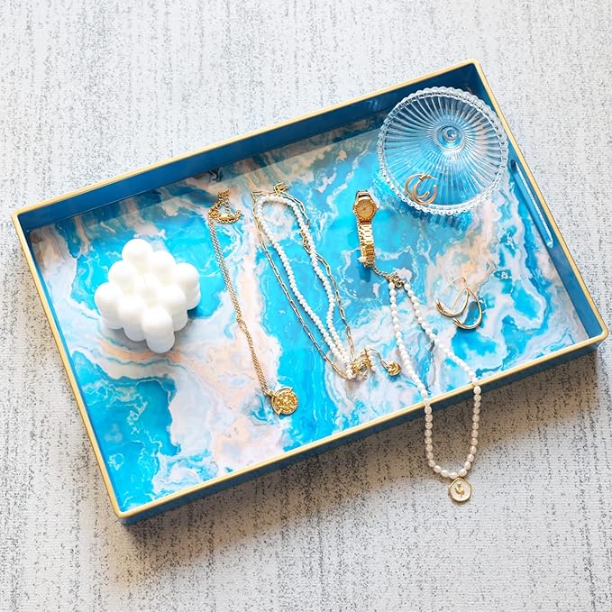 Spsyrine Serving Tray, Plastic Rectangular Coffee Table Tray with Handles, Marble Decorative Tray for Living Room, Ottoman, Bathroom Decor. 15.6” X 10.2" HSRE-Ruum Studio Home