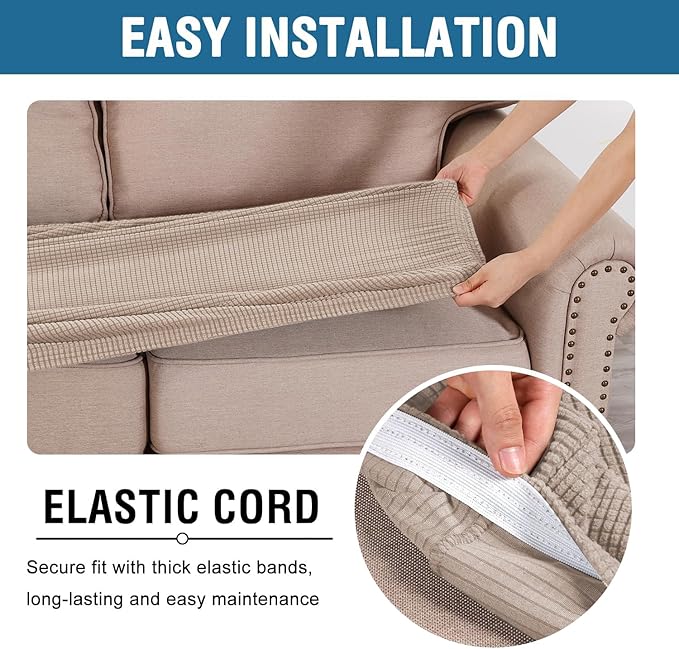 H.VERSAILTEX Super Stretch Individual Seat Cushion/Couch Slipcover Sets Thick Jacquard Textured Twill Fabric (3 Piece Sofa Covers, Sand)-Ruum Studio Home
