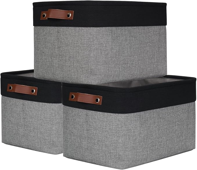 Storage Bins Large Fabric Storage Baskets for Shelves 3 Pack, Decorative Linen Closet Baskets with Handles for Organizing, Shelf, Clothes, Home, Office, 15x11x9.5Inches (Grey&Black)-Ruum Studio Home