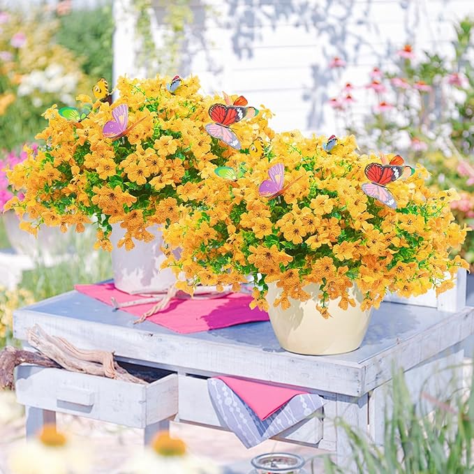 ‌20 Bundles Artificial Flowers for Outdoors‌ with 6 Faux Butterflies, UV Resistant ‌Fake Flowers‌ with Eucalyptus Leaves, ‌Artificial Plants Outdoor‌ for Patio Garden Porch Home Decor (Yellow)-Ruum Studio Home