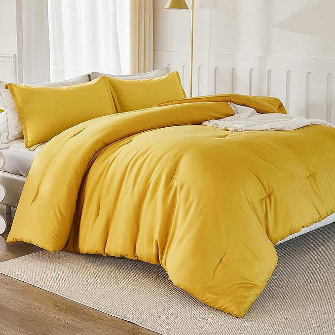 Litanika Mustard Yellow Comforter Set Queen Size, 3 Pieces Lightweight Solid Bedding Comforter Set, All Season Fluffy Bed Set (90x90In Comforter & 2 Pillowcases)-Ruum Studio Home