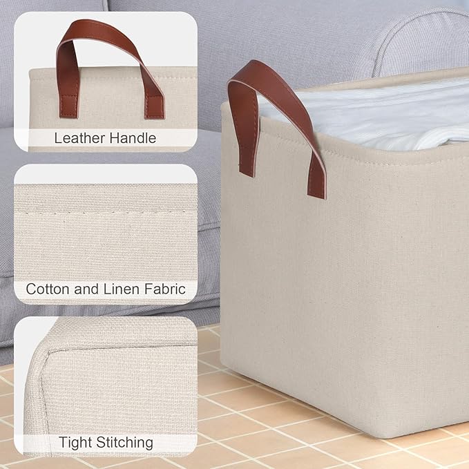 KEEGH Storage Baskets for Organizing, Fabric Storage Bins for Shelves with Leather Handle, Shelf Baskets for Closet Organization Closet Organizer Bins for Clothes, 15" L x 11" W x 10" H, Beige, 4 Pack-Ruum Studio Home