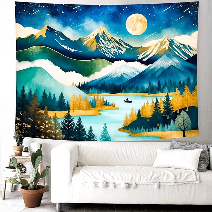 Delur Mountain Tapestry Boho Moon Stars Starry Night Tapestry Wall Hanging Forest Tree Nature Landscape Psychedelic Headboard for Bedroom Living Room Home Decor (51.2" x 59.1")-Ruum Studio Home