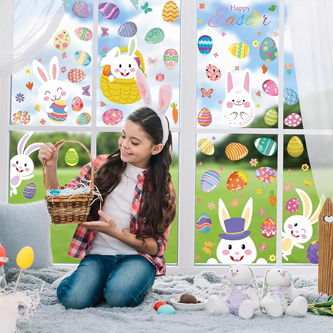 DC-BEAUTIFUL 184 PCS Easter Window Clings, 9 Sheets Double Sided Bunny Egg Easter Decoration Window Stickers, Reusable Static Holiday Window Decals for Home Office School Shop Spring Party Decors-Ruum Studio Home