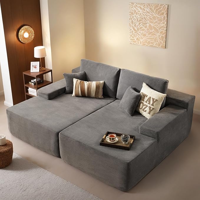 ovios 81" Oversized Sectional Double Lounge Chaise with Cloud Plush Sofa Bed, No Assembly Required, Fluffy Modern Sleeper Loveseat Chair for Indoor Living Room Bedroom Reading, Grey (Corduroy Fabric)-Ruum Studio Home