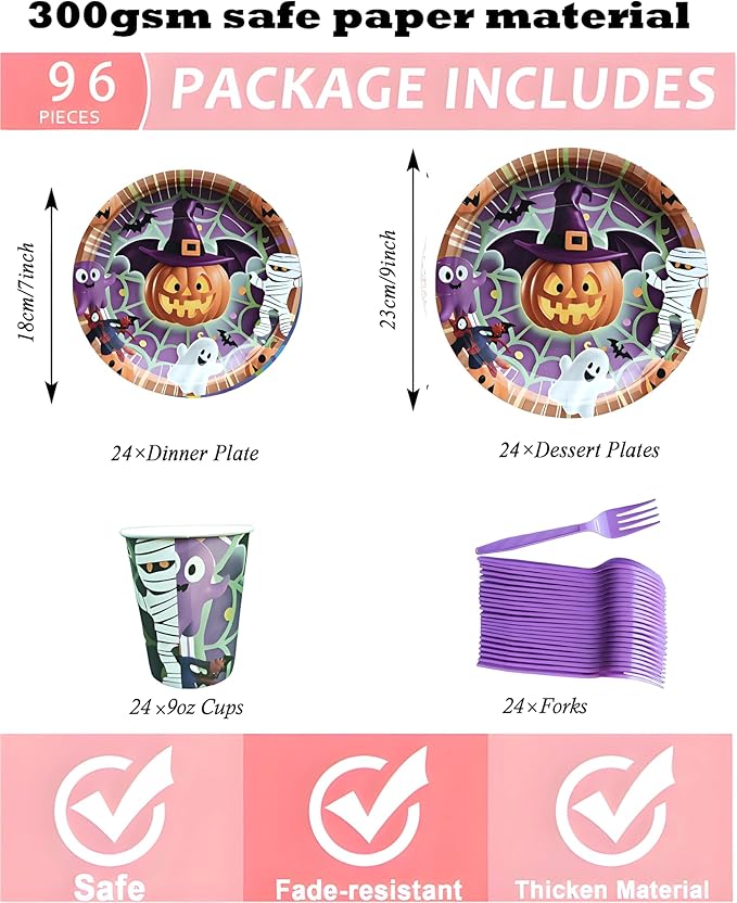 Halloween Paper Plates,Cups,Forks(96Pcs)-Disposable Party Plates Heavy Duty,Party Supplies Tableware Set|Paper Plates 9 inch & 7 inch,Spooky Decor(Flying Pumpkin,Ghost,Zombie,Bat) for Kids Halloween-Ruum Studio Home