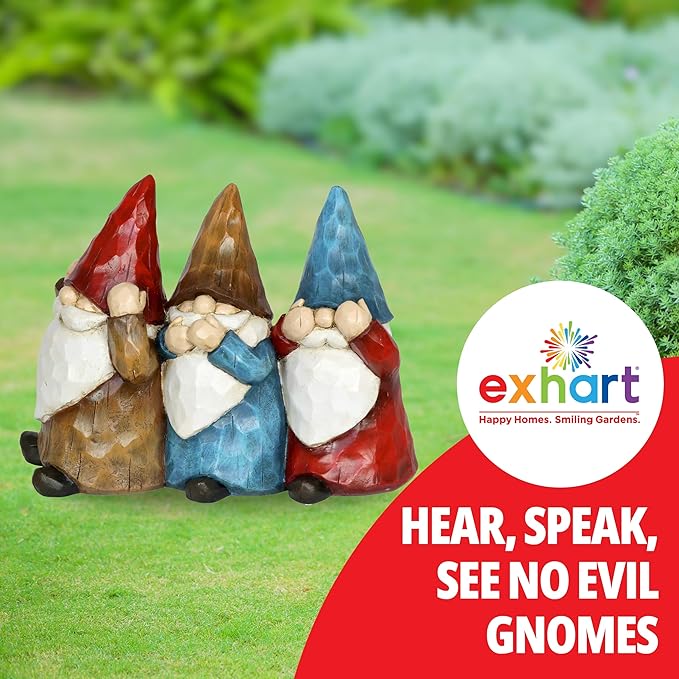 Exhart Garden Gnomes, See No, Hear No, Speak No Evil Garden Gnome Statue, Hand Painted Outdoor Garden Decorations, 12 x 9 Inch-Ruum Studio Home