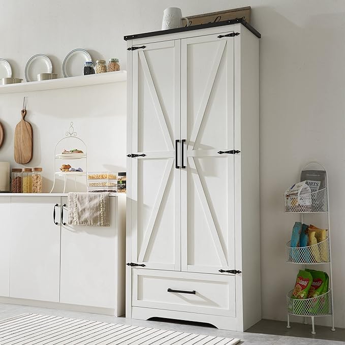 JXQTLINGMU Farmhouse Kitchen Pantry Cabinet - 72" Tall Wood Kitchen Storage Cabinets with Adjustable Shelves & 2 Barn Style Doors & Drawer, Versatile Storage for Dining Room, Bathroom, Antique White-Ruum Studio Home