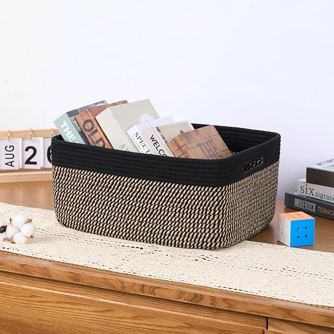 Large Storage Baskets for Organizing, Closet Shelf Baskets for Clothes Blanket Towels, Baby Nursery, Toy Bins Box, Woven Rope Baskets, 17 x 13 x 7.5”, 4 Packs Woven Brown-Ruum Studio Home