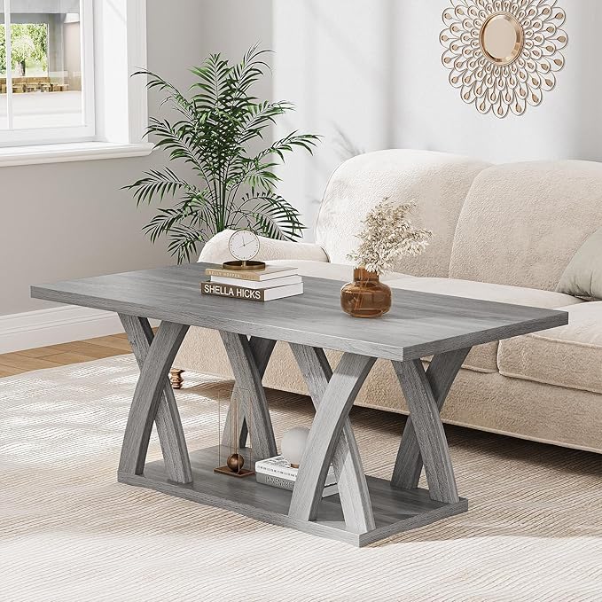 47” Wood Coffee Tables for Living Room Rustic Stands with Storage Shelf Grey Coffee Tables for Living Room Farmhouse Center Stands with Shelf Farmhouse Rectangle Center Table-Ruum Studio Home