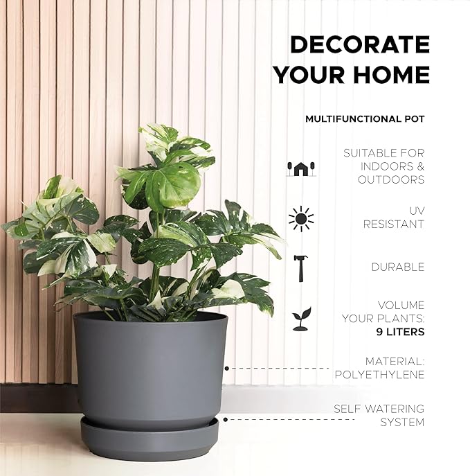 Elly Décor 10 inch Plastic Cylinder Planter Pot with Self-Watering Saucer and Drainage Hole,Lightweight & Extremely Durable, 10"x 10", Gray-Ruum Studio Home