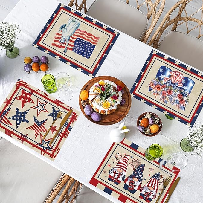 4th of July Placemats Set of 6 Patriotic Plastic Table Mats Independence Memorial Day Vintage America Flag Stars Stripe Place Mats Vinyl Table Decoration for Indoor Outdoor Party Kitchen Dining-Ruum Studio Home