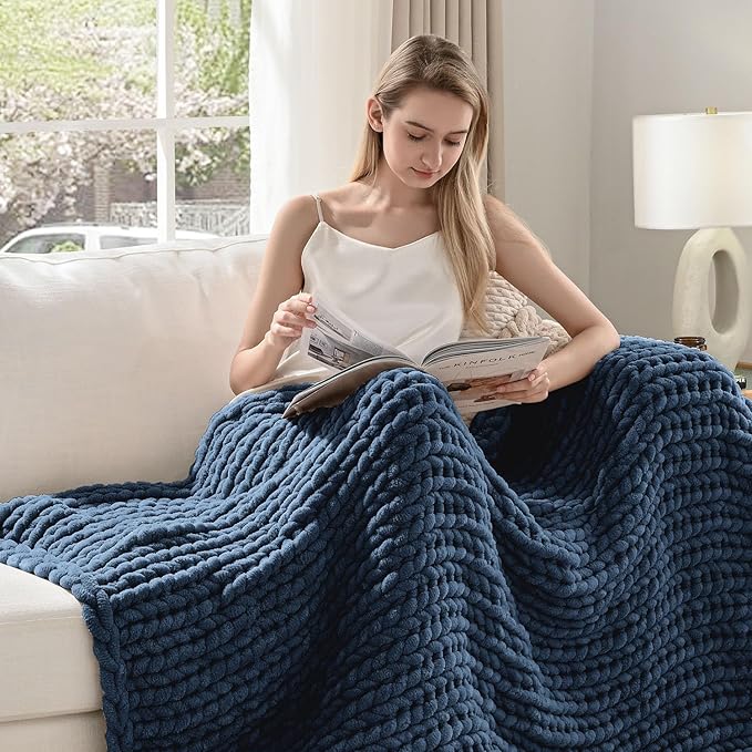 Esterra Chunky Knit Throw Blanket Newly Upgraded Heavy Tighter Version, Handmade Chenille Throw Super Soft, Thick Yarn Cable Knit Crochet Throw Blanket for Couch Bed Sofa, 50"x60", Navy Blue-Ruum Studio Home