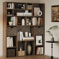 71” Tall Wooden Bookcase 6-Tier Large Bookshelves with 2 Woven Baskets, 55" Wide Floor Standing Wood Display Organizer Shelves for Living Room（Brown）-Ruum Studio Home