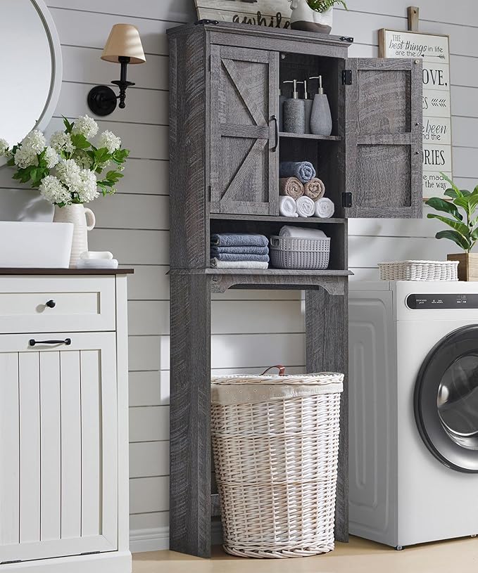 Over The Toilet Storage Cabinet, Farmhouse Bathroom Cabinet with Adjustable Shelf & Barn Door, 67" Tall Over The Toilet Shelf, Grey Wash-Ruum Studio Home