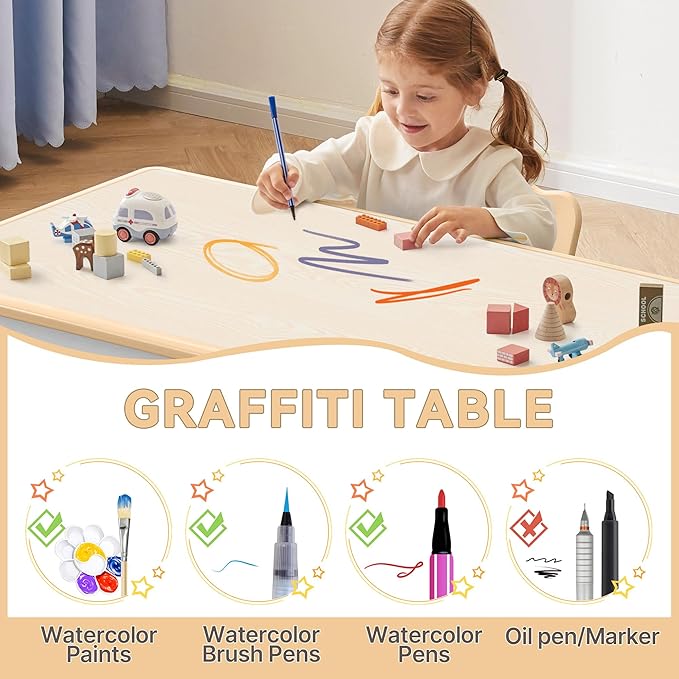 Kids Study Table and Chairs Set, Height Adjustable Toddler Table and Chair Set for Kids Ages 3-8, Graffiti Desktop (Wooden Brown)-Ruum Studio Home