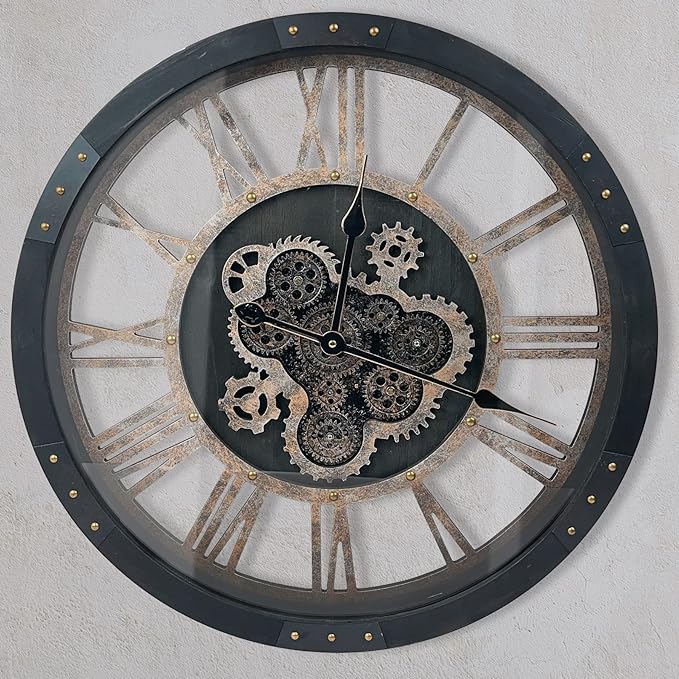 DORBOKER 24" Large Wall Clock with Moving Gears,Oversize Vintage Industrial Rustic Farmhouse Clocks for Living Room Decor Office Home,Solid Wood HD Tempered Glass Cover,Vintage Black-Ruum Studio Home