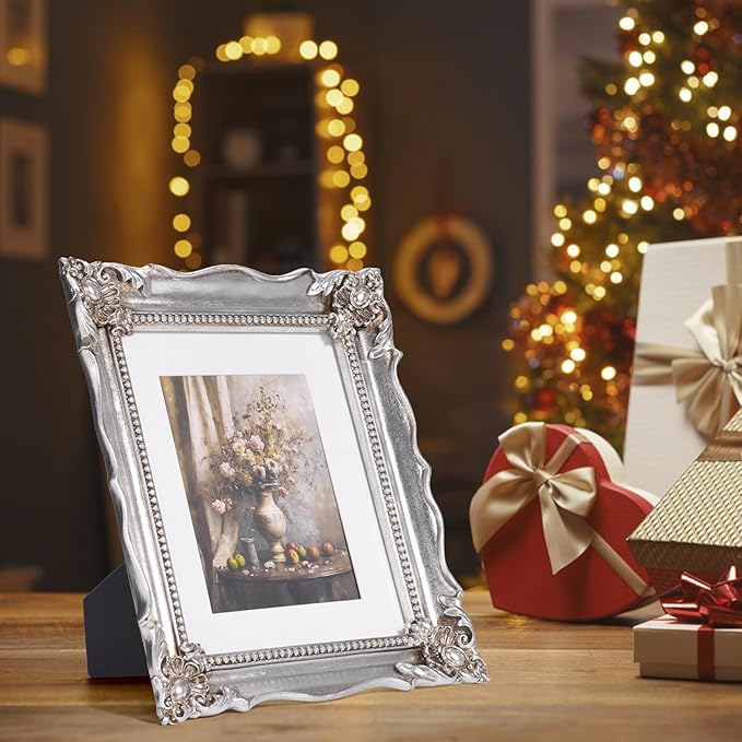 8x10 Vintage Picture Frame with Embossed Flower Design, Silver Ornate Frame for 8x10 or 5x7 Pictures with White Mat, Hand-Crafted Resin Antique Frames for Tabletop & Wall Hanging, Home Decor (Silver)-Ruum Studio Home