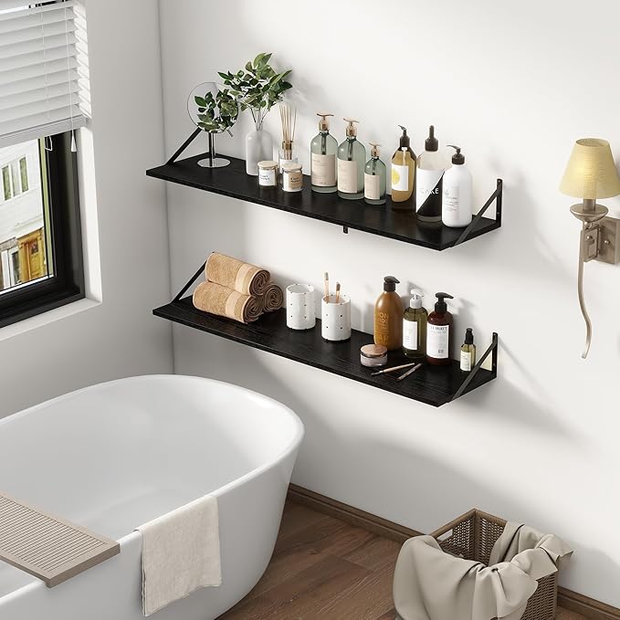 12 Inch Deep Floating Shelves, Black Floating Shelves 48W x 12D, Deep Wall Shelves Bracket Set of 2, Large Display Hanging Floating Shelf for Bathroom, Living Room, Wide Storage Wooden Wall Shelf-Ruum Studio Home