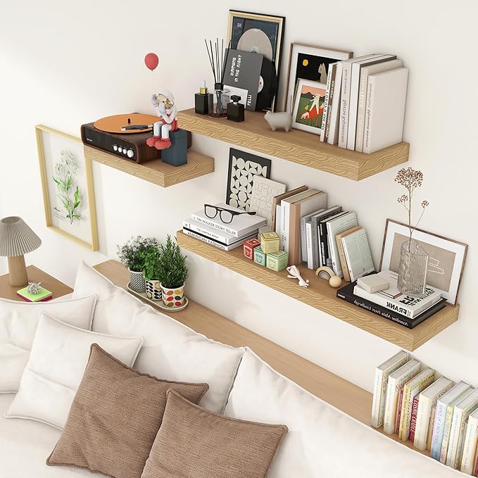 12 Inch Deep Floating Shelves for Wall, 48W x 12D Rustic Oak Wood Floating Shelves, Large Floating Shelves Set of 1 for Living Room Bathroom Laundry Room Bedroom Kitchen Home Office - Oak-Ruum Studio Home