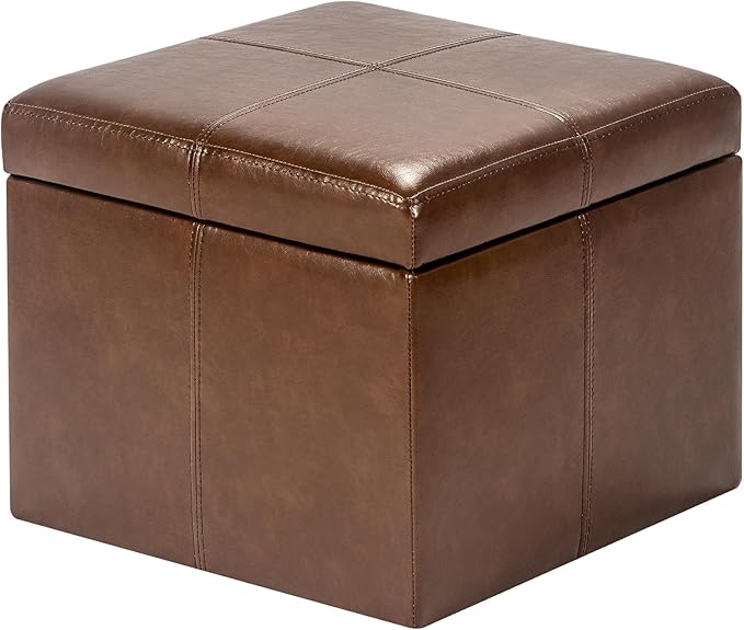 Adeco Storage Ottoman Foot Rest Stool, Leather Ottoman Footstool with Hinged Lid, 17" Small Foot Stool Bench for Living Room, Bedroom-Ruum Studio Home