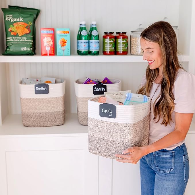 NaturalCozy 13 Inch Cube Storage Bins Cotton Rope Woven Baskets for Organizing 3-Pack | 13 x 13 Storage Cubes | Fabric Square Storage Baskets for Shelves Organizer, Kids Toy Bins, Closet Baby Nursery-Ruum Studio Home