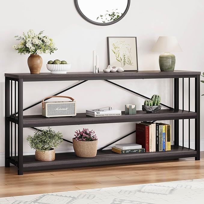 LVB 3-Tier Rustic Console Table, Extra Long Entryway Table with Storage, Industrial Skinny Wood Metal Sofa Table with Shelf, Modern Narrow Hallway Table for Foyer Living Room Bedroom, Dark Gray, 70 In-Ruum Studio Home