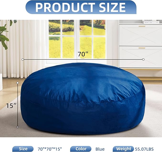 Hobestluk 6FT Bean Bag Chair Bean Bag Chairs for Adults Giant Bean Chairs with Velvet Cover, Memory Foam BeanBag Chair Fluffy BeanBag Chairs for Living Room, Bedroom- Blue (70" x 70" x 15")-Ruum Studio Home