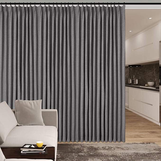 Full Blackout Privacy Curtains, 240 Inch Extra Wide Linen Blend Drapes, Pinch Pleat Window Drapery for Room Divider Storage/Space Room Separation, 1 Panel, W 240" x L 96", Gray-Ruum Studio Home