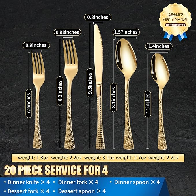 Hammered Gold Silverware Set,20 Piece Modern Flatware Set Service for 4,Mirror Polished Stainless Steel Cutlery Set Utensil Set Tableware Set,Kitchen Knives Forks Spoons Set,Dishwasher Safe-Ruum Studio Home