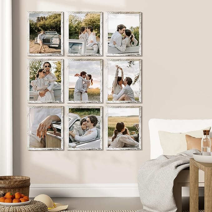 Vittanly 11x14 Picture Frames Set of 9, Shatter Resistant Plexiglass, Display 8x10 Pictures with Mat or 11x14 without Mat, Photo Frames for Wall or Tabletop, Engineered Wood, Distressed White-Ruum Studio Home