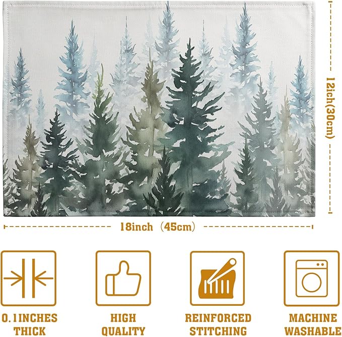 Watercolor Dark Green Tree Table Mats Set of 4 Rustic Nature Forest Pine Tree Placemats Seasonal Winter Holiday Place Mat Farmhouse Washable Linen Placemat for Dining Table Kitchen Christmas Decor-Ruum Studio Home