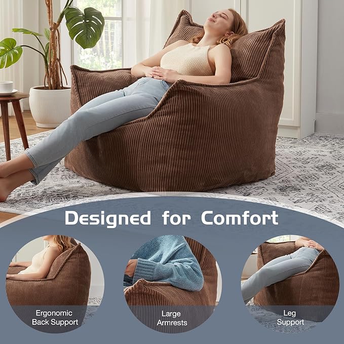 Giant Bean Bag Chair Sofa for Adults Teens, Comfy Corduroy Large Bean Bag Chairs with Armrests for Bedroom Living Room, Adult BeanBag Lazy Sofa Couch Chairs with Filler Included-Ruum Studio Home