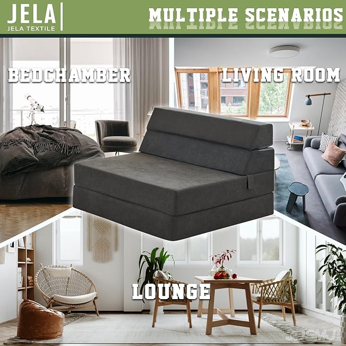jela Foldable Sofa Bed Soft Foam Convertible Sleeper Chair Luxury Miss Fabric Fold Out Chair Bed Floor Couch with Back Support Floor Sofa for Living Room Bedroom (Twin,Dark Gray)-Ruum Studio Home